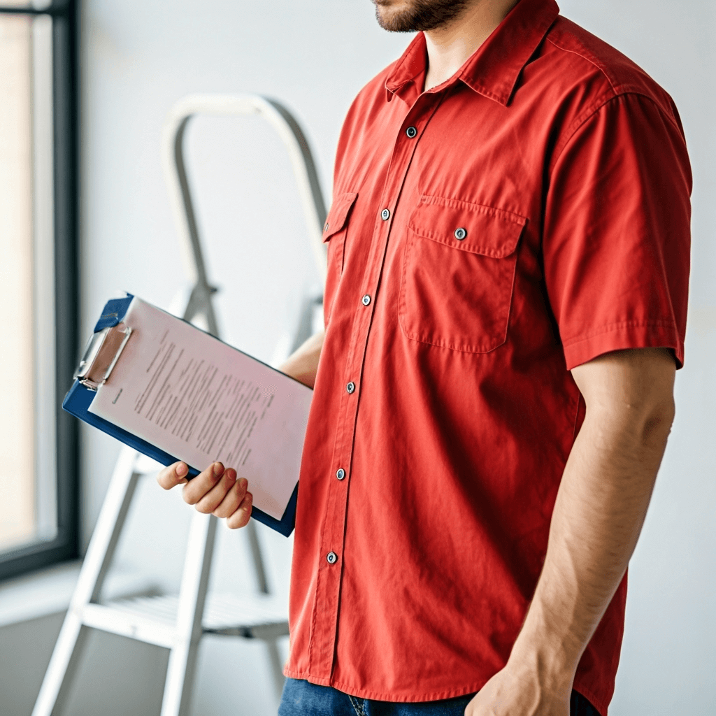 anmeldung-hanwerker selbststaendig als Handwerker mann rotes shirt Leiter