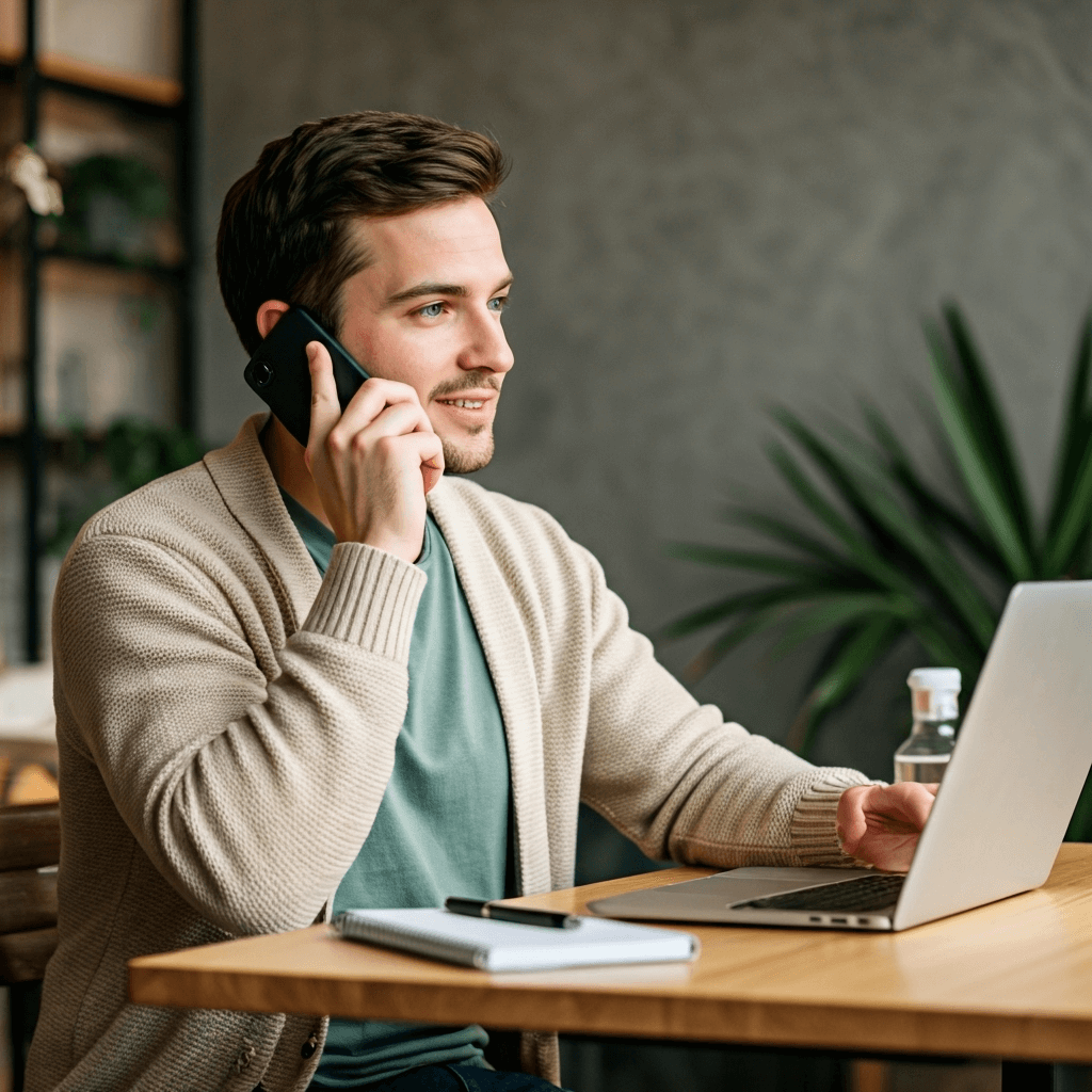 Marketing vor der Gruendung Businessmann mit handy am Ohr