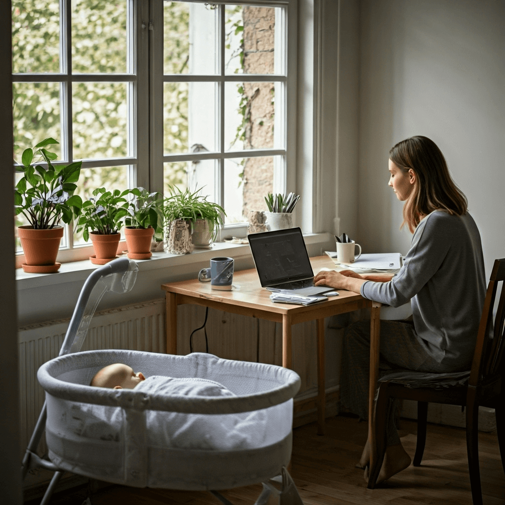 selbststaendig in Elternzeit Computer Frau Baby 